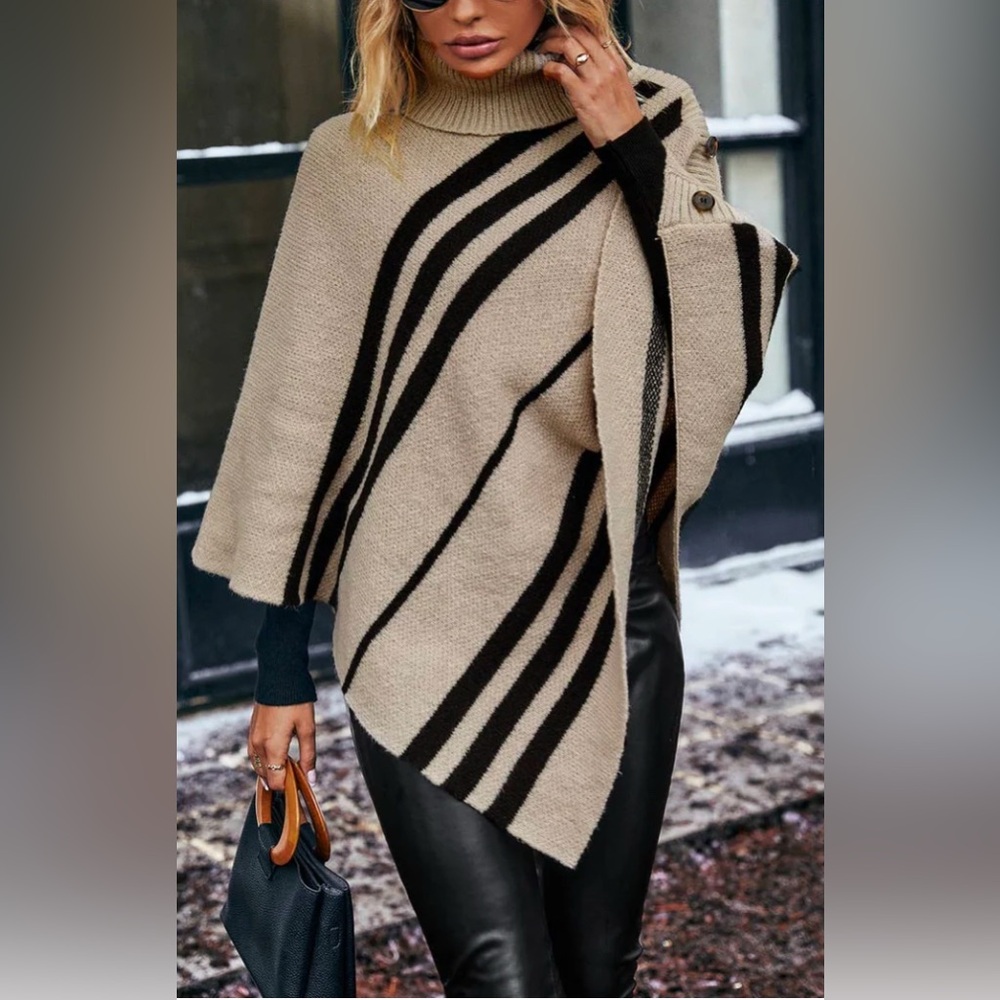 Women’s turtleneck, batwing sleeve asymmetrical knit poncho sweater